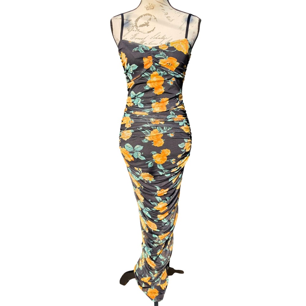 Venus NWOT Black Orange Floral Ruched Mesh Maxi Dress Side Slit Size XS - Picture 3 of 9